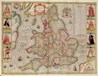 The Kingdome of England, kaiverrettu Jodocus Hondiuksen (1563-1612) teoksesta "The Theatre of the Empire of Great Britain", jonka ovat julkaisseet John Sudbury ja George Humble, 1611-12 (käsin väritetty kuparikaiverrus).